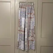 Anthropologie dRA Silky Patchwork Floral Wide-leg Elastic Pull-on Blue Pants XS
