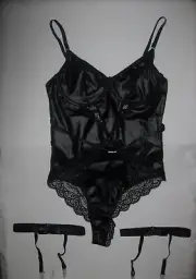 Shein faux leather & lace bodysuit/teddy +pair thigh garters S M black cyberpunk
