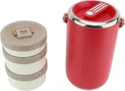 Generic Thermo for Hot Food, 304 Stainless Steel 2.6L Stackable Insulated Food Jar with 3 Tiers, Leakproof Thermal BentoLunch Box Vacuum Carrier Soup Container for Office Outdoor (Red)