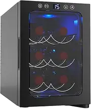 6 Bottle Wine Thermo Electric Wine Cooler, Chiller Counter Top Wine Cellar with Digital Temperature Display, Freestanding Refrigerator Smoked Glass Door Quiet Operation Fridge