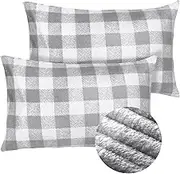 Tranqun Queen Size Buffalo Plaid Pillow Cases Set of 2 Farmhouse Flannel Pillowcases Buffalo Check Pillow Covers Plush Warm Checkered Pillowcases for Car Bed Sofa, 20 x 30 Inch(Gray and White)