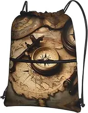 EdWal Compass And Old World Map Print Drawstring Backpack Gym Bags Sports Bags With Zipper Pocket For Travel Beach, Black, One Size