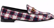 Gucci New Jordaan Black Red White Blue Tweed Check Loafer Mule Slipper Flat 38.5