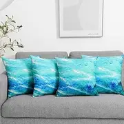 Set of 4 Luxton Ocean Aqua Blue Cushion Covers, Coastal Wave Tropical Beach Square Cushion Cover Set 45x45cm