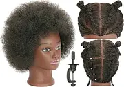 RYHAIR Curly 100% Real Human Hair Mannequin Head for Hairdresser Practice Afro Cosmetology Manikin Doll Head Styling Hair Extension Braiding Bleaching Dyeing Updos with Table Clamp Stand