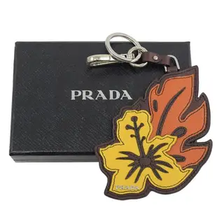 PRADA 2TL263 立體樹葉圖樣皮革鑰匙圈.咖邊