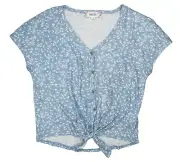 Pink Rose Button Front Floral V-Neck Textured Short Sleeve Top M NWT Skylight