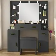 YITAHOME Makeup Vanity Desk with Mirror and Lights, Large Vanity Set with Charging Station, 3 Drawers, 6 Shelves, 2 Cabinets, Dressing Table with Storage Bench, 3 LED Lights Modes, Coal Black
