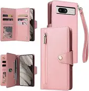 [YocoverTech] for Google Pixel 8 Pro 5G Case,for Pixel 8 Pro 5G Wallet Case[6 Card Slots and 1 Zipper Coin Pocket] PU Leather Stand Flip Cover with Wrist Strap[6.7 inch]-Pink