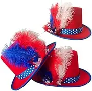 YaYuanSun 4th of July Top Hat With Feather Red White Blue Hats Dress up Headwear Women Men Independence Day Patriotic Party Accessory