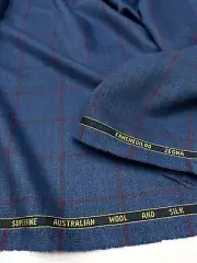 ERMENEGILDO ZEGNA SUITING FABRIC Wool Silk Navy Blue, Red Windowpane Check 1,90m
