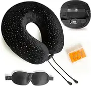 aeris Memory Foam Travel Pillow for Airplanes - Best Airplane Neck Pillow for Long Flights - Plane Accessories Carry Bag to Save Space, Ear Plugs and Eye Mask - Perfect Flight Set & Gift