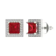 2.3ct Princess Cut Round Cut Halo Pink Tourmaline Stud Earrings 14k White Gold
