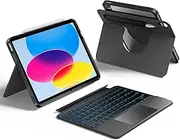 HOU iPad 11'' A16/10th Generation Case with Keyboard, Rotatable & Detachable Keyboard Case for iPad 11th A16/10, Elastic Pen Holder, Full Protection Cover, 7-Colors Backlight, Multi-Touch Trackpad