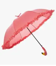 Flamingo Umbrella Pink Frilly Edge Straight Brolly Automatic Open Freestanding
