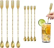 Diakey 8 Pieces Bar Spoon Cocktail Stirrers for Mixing Drink, 10.2in + 12.6in, Stainless Steel with Trident Tip, Long Handle Spiral Stirring Spoons, Gold