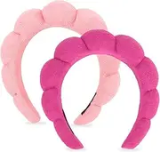 AMCAMI Puffy Spa Headband for Women Sponge Headbands for Girls 2 PCS Terry Towel Cloth Fabric Head Band for Skincare,Makeup Removal,Face Washing,Facial Mask,Shower,Hair Accessories（Red&Light Pink）