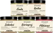 STAMIO Amla Reetha Shikakai Bhringraj Hibiscus Powder 500 gm Combo for Hair Pack, Wash, Mask, DIY | Seedless Indian Gooseberry, Pure Aritha, Acacia concinna, Eclipta alba, Gudhal Flower | Natural Cle