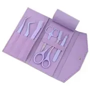Choyu - Set of 6: Stainless Steel Eyelash Scissors + Razor + Tweezers (Various Designs) Set Of 6 - With Faux Leather Pouch - Purple - One Size