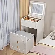 LGYWPA Bedroom Dressing Table with Mirror and Chair, 3-Colour LED Lights Vanity Desk with 3 Large Drawers, White Wooden Makeup Desk, Modern White Small Makeup Vanity Set, 50X40X80cm,60cm