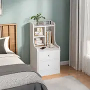 Bedside Table Bedroom Warm White Minimalist 2 Drawers Wooden Knobs 47x39x70cm