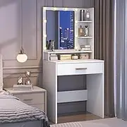 knoworld Small Vanity Desk with Mirror and Lights, One Drawer Narrow Makeup Vanity, Compact Vanity for Girls, Teen Make up Vanity with Three Shelves, Brightness Adjustable Mini Vanity, White