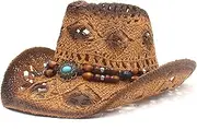 [Wedhapy] Straw Cowboy Hats for Women Cowboy Hats for Women Men, Hollow-Out Straw Cowgirl Headwear with Bead String, Summer Beach Hat with Wide Brim