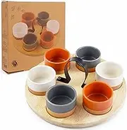 MIJOMA 7 Piece Serving Set - Round Bamboo Wood Board with 6 Ceramic Bowls - Ideal for Tapas, Dips, Cheese & Snacks - Modern Table Decoration