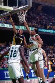 Reggie Miller Indiana Pacers shoots v Pervis Ellison Boston Celtic- Old Photo