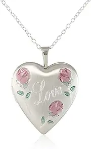 [Momento Lockets] Sterling Silver Heart Shaped "Love" Locket with Flowers Necklace