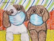 Labradoodle in Quarantine Mask 13x19 Dog Pop Art Print Collectible Signed KSams