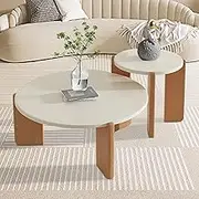 IEDZBEQ Nesting Round Coffee Table Set of 2 Solid Wood Center Table Wooden Cream Table with 3 Round Legs Modern Minimalist Side Table Living Room Table for Bedroom Home Office Bedroom Balcony, White