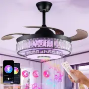 42" Music LED Chandelier Crystal Ceiling Fan Bluetooth Colorful Light 6 Speeds