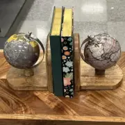 Mini Globe Wooden Bookends Set of 2 Mixed Pair World Map Multicolored Home Decor