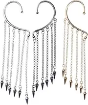 [VAGA] Dangling Earrings For Women, Amazing Set Kit Of 3 Punk Style Ear Cuffs In Bronze, Silver And Black Colors With 6 Long Fringe Tassels Ending With Rivets Spikes, Cute Earrings Pack