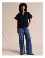 [Piper] Sheer Ramie Check Short Sleeve Popover in Navy