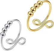 HONMEET 2pcs Adjustable Stainless Steel Anxiety Relief Rings Rotatable Bead Fidget Rings for Women Stylish Pressure Relief Jewelry for Friends and Family