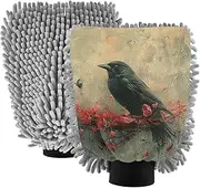 XYMZR Red Floral Black Crow Absorbent Microfiber Car Wash Mitt, Funny Cute Anime Scratch Free for Cars Cleaning, Home Cleaning Mitts, 2 Pack, 10.24” L x 7.09” W