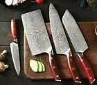 Chef Cleaver Santoku Utility Knife Set 67 Layers Damascus Steel Wood Handle Cut
