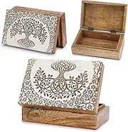 Ajuny Wooden Handcrafted Decorative Jewelry Box Tree of Life Design White Multipurpose Treasure Chest Organizer Travel Storage Keepsake Trinket Holder Watch Box Gifts 8x5 Inch