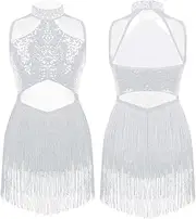 [Sinleey] Kids Girls Sequin Tassel Latin Dance Dress Jazz Tango Rumba Salsa Ballroom Costume Dancewear