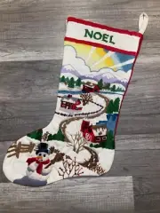 Finished 1978 Christmas Stocking SUNSET Crewel Needlepoint Snowman at Dawn