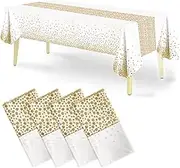 Disposable Plastic Tablecloths, 4 Pack White and Gold Sequins Tablecloth 54" x 108" Party Table Cover Table Runner for Rectangle Tables up to 8 ft and Birthday Wedding Christmas New Year BBQ Banquet