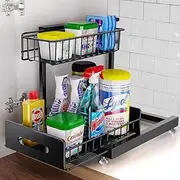 Under Sink Organiser, 2-Tier Under Sink Storage Shelf Height Adjustable Durable Metal Sliding Drawers for Bathroom Kitchen Cabinet Storage Under Sink Storage & Organisation (1 Pack Black)