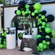 107pcs Game On Theme Balloon Garland - Black Green Balloon Arch Kit for Video Gamer Kids Birthday Party Decorations