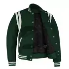 Varsity Bomber Baseball Teddy F-Green Wool & White Leather Strips Stylish Jacket