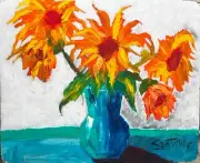 big SUNFLOWERS PAINTING upcycle CB 24 x 30 original SWARTZMILLER DNA SIGNED ART
