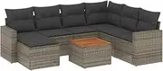 vidaXL Garden Sofa Set - Grey Poly Rattan Modular Outdoor Lounge - Patio Furniture with Cushions & Acacia Table
