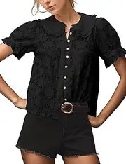 [MISSACTIVER] Women Puff Short Sleeve Blouse Shirts Peter Pan Collar Button Down Embroidered Lace See Through Tee Tunic Tops