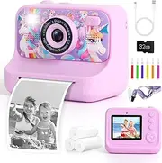 Hiwoor Kids Camera Instant Print, 48MP Kids Digital Camera with 3 Rolls Print Paper & 32G Card, 1080P Video Selfie Toy DIY Graffiti for Girls Boys 3-12 Birthday Christmas (Purple Unicorn)